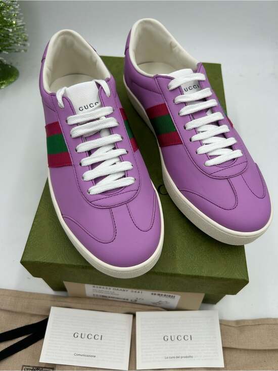 Gucci Shoes - Women's Gucci G 74 Lavender Leather Sneakers with Red and Green Web Stripe 37.5